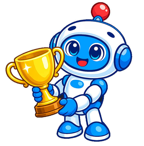 SpeakDaily robot mascot holding a trophy